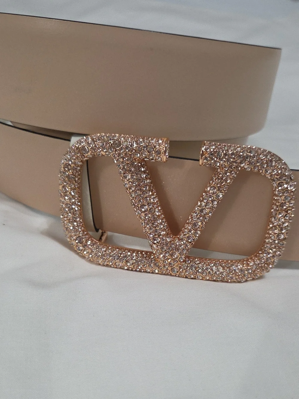 Valentino Garavani Cream White Belt with Rose Gold Sparkle Buckle